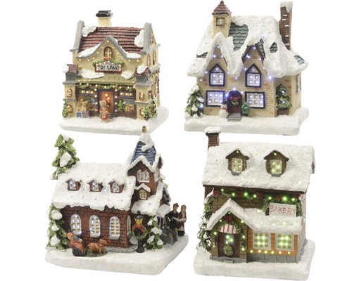 LED domek "vánoční vesnice" 9 x 11 x 12,5 cm 1 ks, různé druhy Čtyři vánoční miniaturní domy pokryté sněhem a osvětlené.
