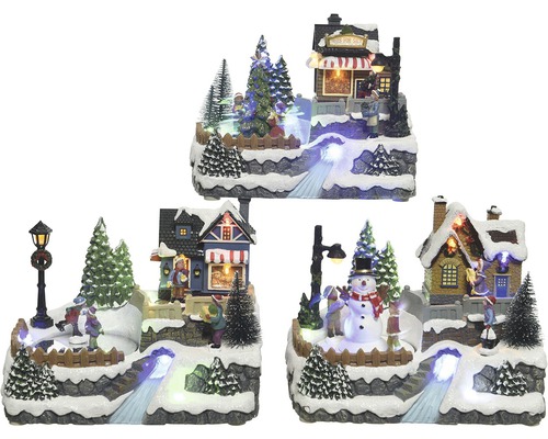 LED zimní krajina s domem 15 x 21 x 16 cm na baterie, různé druhy Zimní scéna miniaturní vesnice s osvětlenými domy, stromy a figurkami