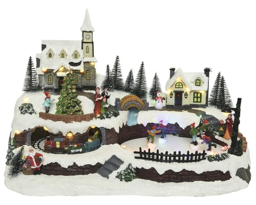 LED vesnice s kostelem a pohyblivými prvky Christmas villages polyresin 25,5 x 41 x 25,5 cm