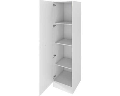 Bílá vysoká skříň s otevřenými dveřmi a policemi