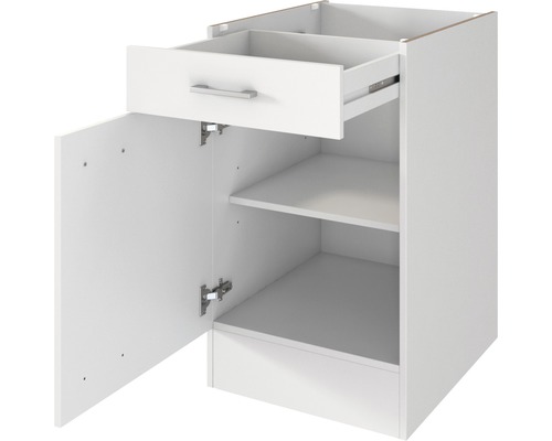 Spodní skříňka s otevřenými dvířky, zásuvkou a policemi