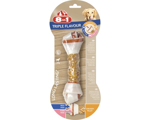 Pamlsek pro psy 8in1 Triple Flavour kost žvýkací L Žvýkací kost 8in1 Triple Flavour ve velikosti L pro psy nad 20 kilogramů