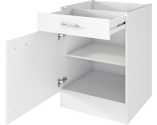 Bílá spodní skříňka se zásuvkou, otevřenými dvířky a dvěma policemi