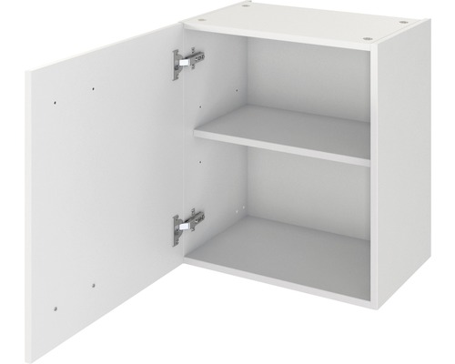 Bílá závěsná skříňka se dvěma policemi a otevřenými dvířky