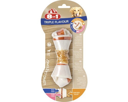 Pamlsek pro psy 8in1 Triple Flavour kost žvýkací M 8in1 Triple Flavour kost pro psy s hovězím, vepřovým a kuřecím masem