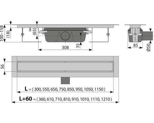 Technický nákres sprchového žlabu s rozměry