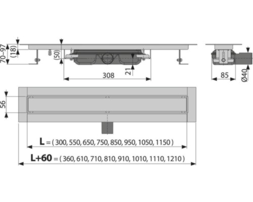 Technický nákres sprchového žlabu s rozměry