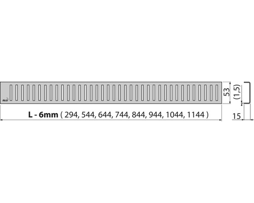 Sprchový žlab Alca o rozměrech 294, 544, 644, 744, 844, 944, 1044 nebo 1144 milimetrů.