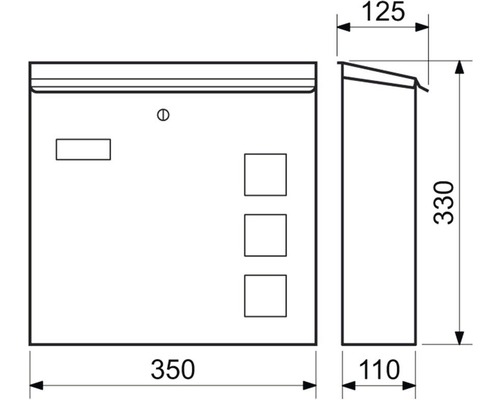 Technický nákres poštovní schránky s rozměry