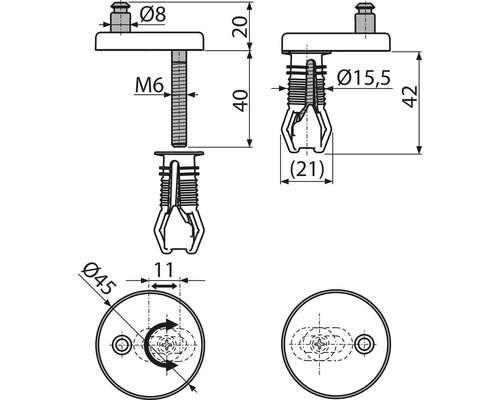 Technický nákres upevňovacího kování pro WC sedátko s rozměry