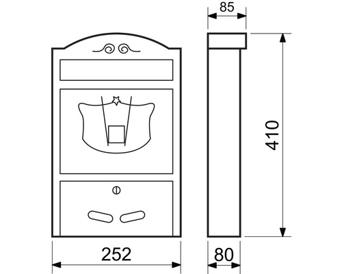 Technický výkres poštovní schránky o rozměrech 410 x 252 x 85 mm
