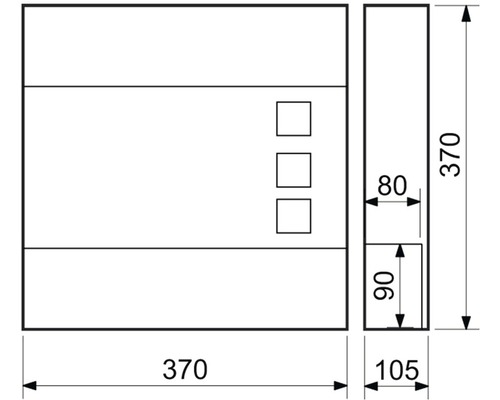 Technický nákres zrcadlové skříňky s rozměry.