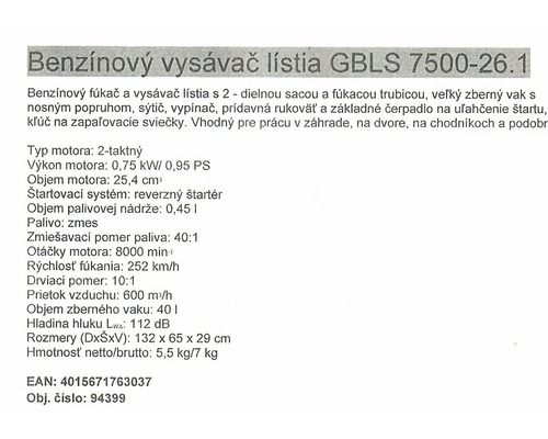 Technické údaje benzínového vysavače listí GBLS 7500-26.1