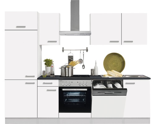 Kuchyňská linka s myčkou, sporákem, digestoří a horními skříňkami v jasném, moderním designu