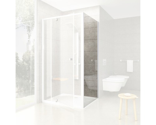 Sprchová zástěna RAVAK Pivot PPS-100 white+Transparent 90GA0100Z1 Bezrámový sprchový kout s lavicí ve sprše v koupelně