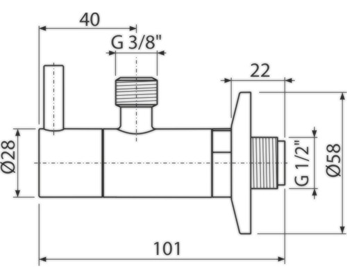 Technický výkres rohového ventilu s rozměry