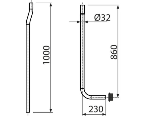 Technický nákres sifonu o rozměrech 1000 mm, 860 mm a 230 mm a průměru 32 mm.
