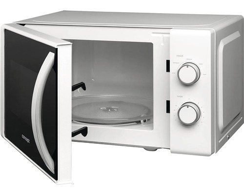 Otevřená bílá mikrovlnná trouba s otočným talířem