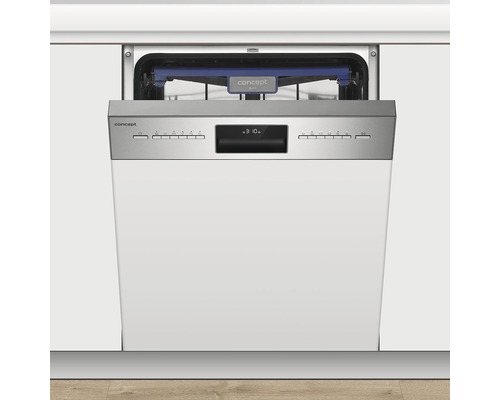 Částečně integrovaná myčka s otevřenými dvířky v kuchyni