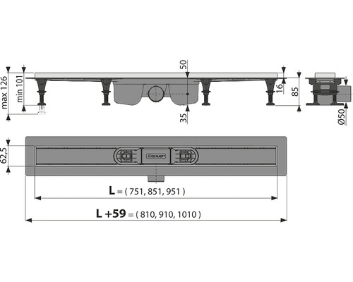 Technický nákres sprchového žlabu s rozměry.