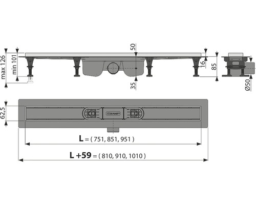 Technický nákres sprchového žlabu s rozměry