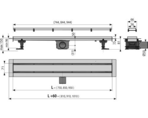 Technický nákres sprchového žlabu s rozměry.