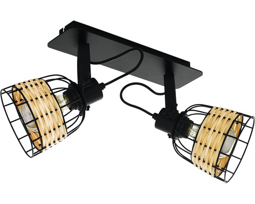 Stropní svítidlo se dvěma stínidly z kovu a ratanu