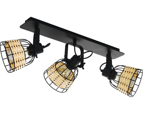 Stropní svítidlo se třemi reflektory a stínidly z ratanu