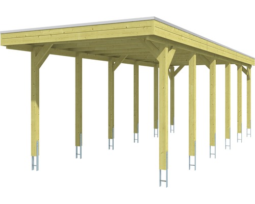 Dřevěný přístřešek pro auto s kovovými podpěrami