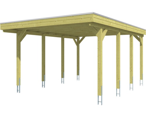 Dřevěný carport s podpůrnými pilíři a kovovou střechou