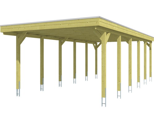 Dřevěný přístřešek pro auto s plochou střechou a ocelovými patkami sloupků