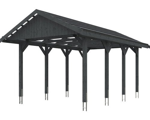 Dřevěný přístřešek pro auto s plochou střechou a podpěrnými sloupky