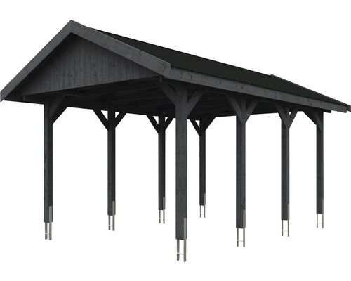 Dřevěný carport se sedlovou střechou a několika sloupky