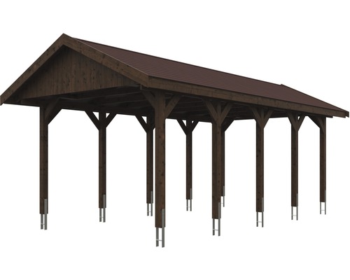 Dřevěný přístřešek pro auto s hnědou střechou