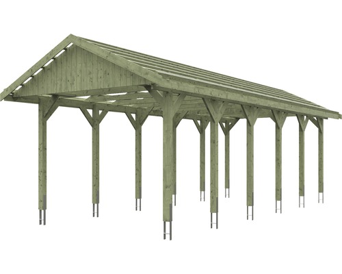 Dřevěný carport se sedlovou střechou a sloupky