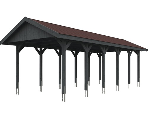 Dřevěný carport s červenou střechou