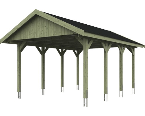 Dřevěný přístřešek pro auto se sedlovou střechou a sloupky na kovových kotvách
