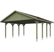 Dřevěný carport s červenou střechou