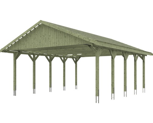 Dřevěný carport se sedlovou střechou a sloupky