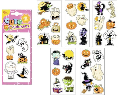 Sada halloweenských samolepek s motivy jako dýně, duchové, netopýři a čarodějnice