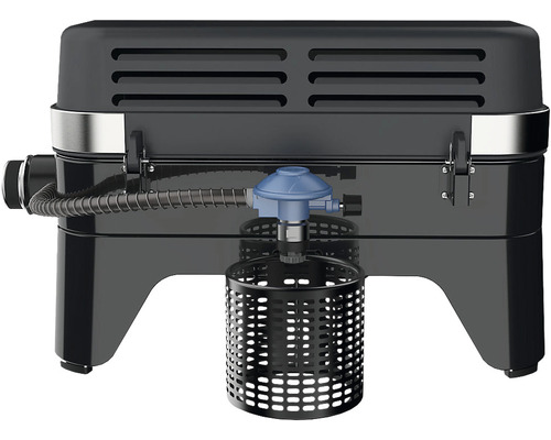 Plynový gril s regulátorem tlaku plynu a držákem plynové kartuše