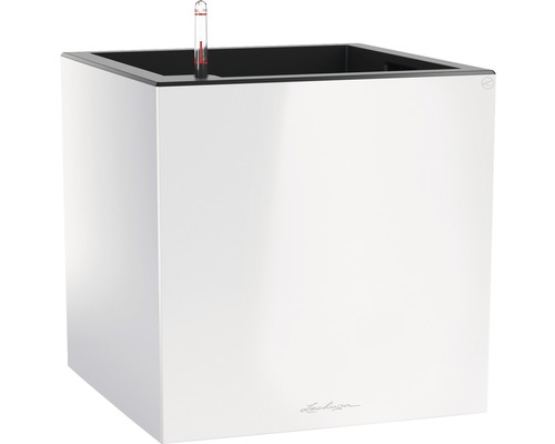 Čtvercový květináč se zavlažovacím systémem a ukazatelem hladiny vody.