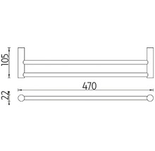 Technický nákres držáku na ručníky o rozměrech 470 mm délka, 105 mm výška a 22 mm hloubka