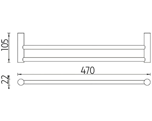 Technický nákres držáku na ručníky o rozměrech 470 mm délka, 105 mm výška a 22 mm hloubka