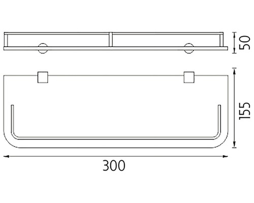 Technický nákres sprchové poličky s rozměry.