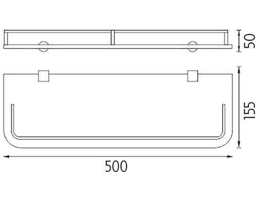 Technický výkres sprchové police o rozměrech 500 x 155 x 50 mm