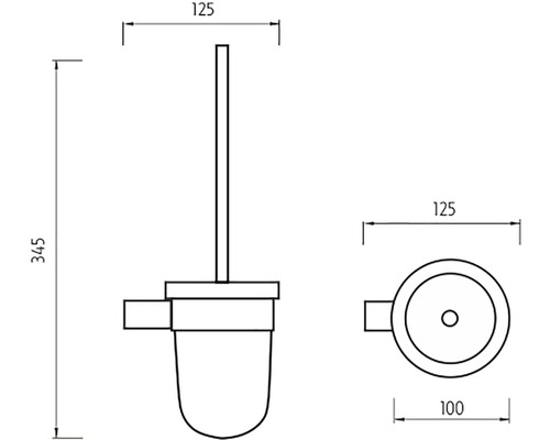 Technický nákres WC štětky s držákem a rozměry