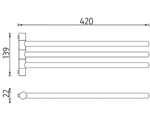 Technický výkres držáku na ručníky se třemi rameny a rozměry
