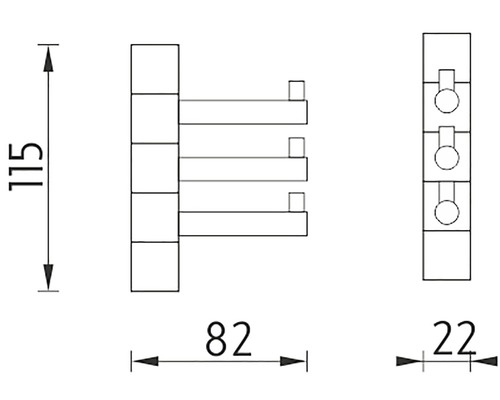 Technický výkres držáku na ručníky se třemi rameny a rozměry