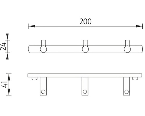 Technický výkres věšáku se třemi háčky a rozměry.
